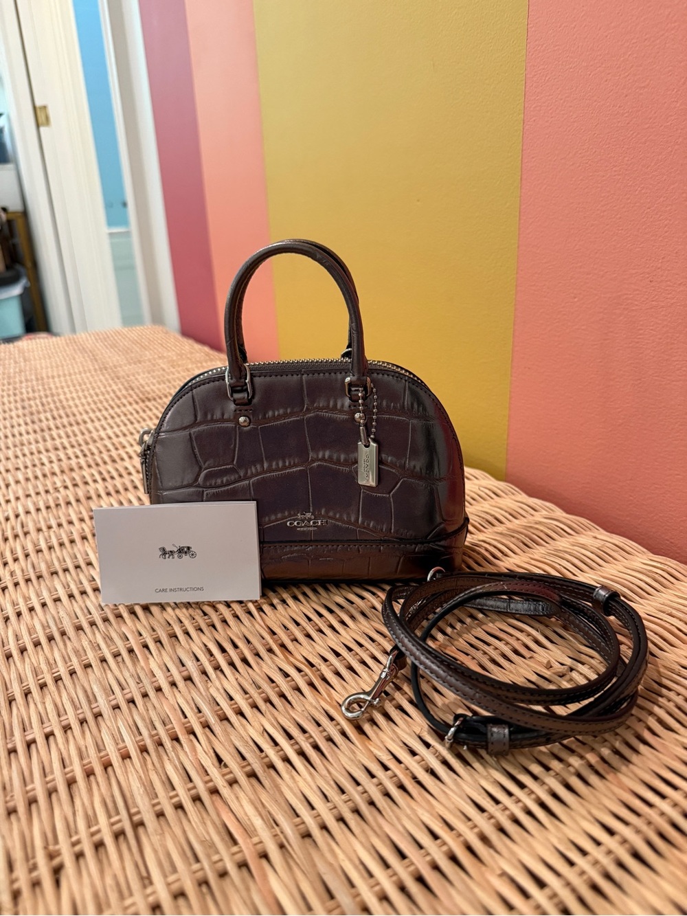 COACH micro, mini sierra satchel in metallic embossed crocodile